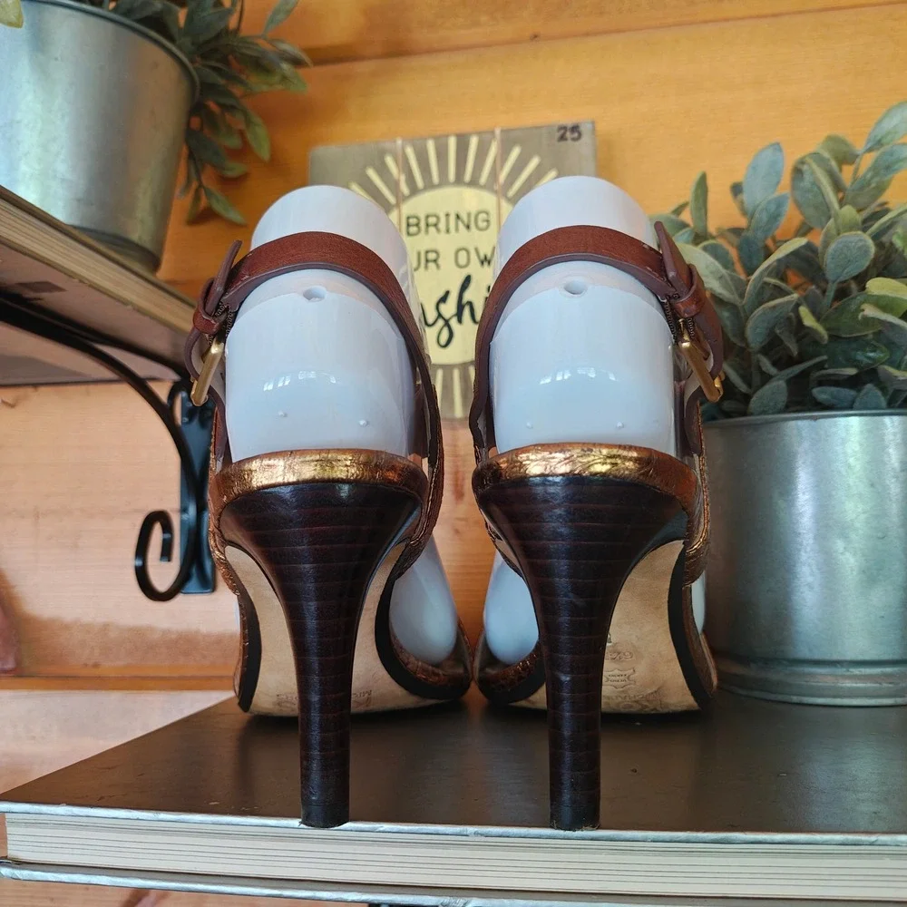 Michael Kors Gold Leather Snakeskin TStrap Heeled Sandals Open Toe Shoes Sz 6.5M